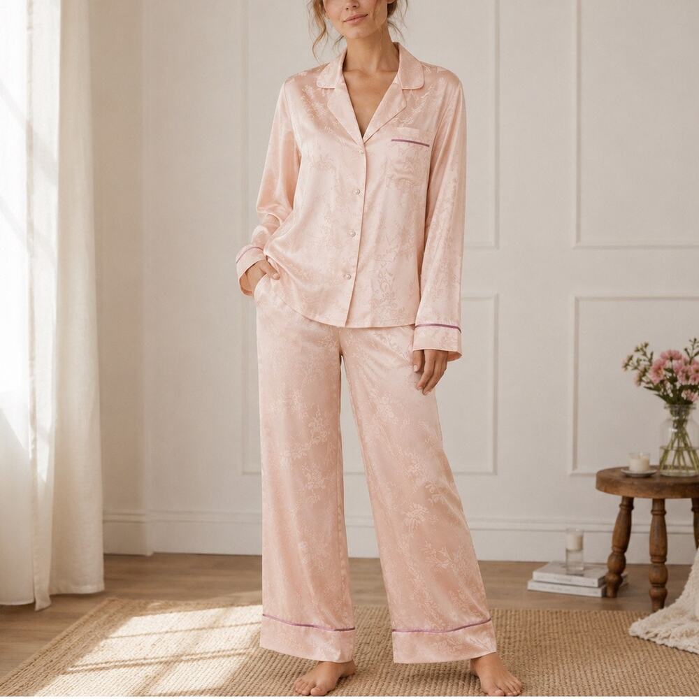 NWOT Eberjey Inez Washable Silk Jacquard Long PJ Set Floral Vine XS